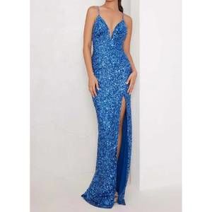 NEW CHANDALIER women's deep v neck prom gown in denim